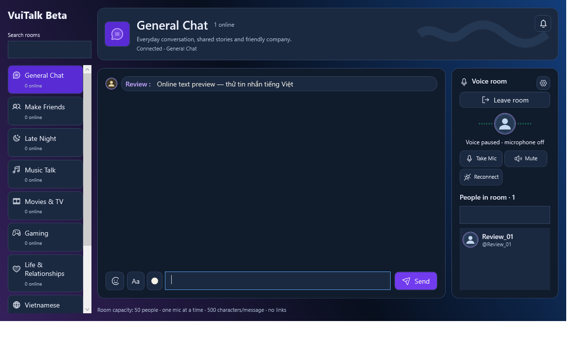 Ảnh minh họa phòng chat VuiTalk với danh sách phòng, tin nhắn và voice